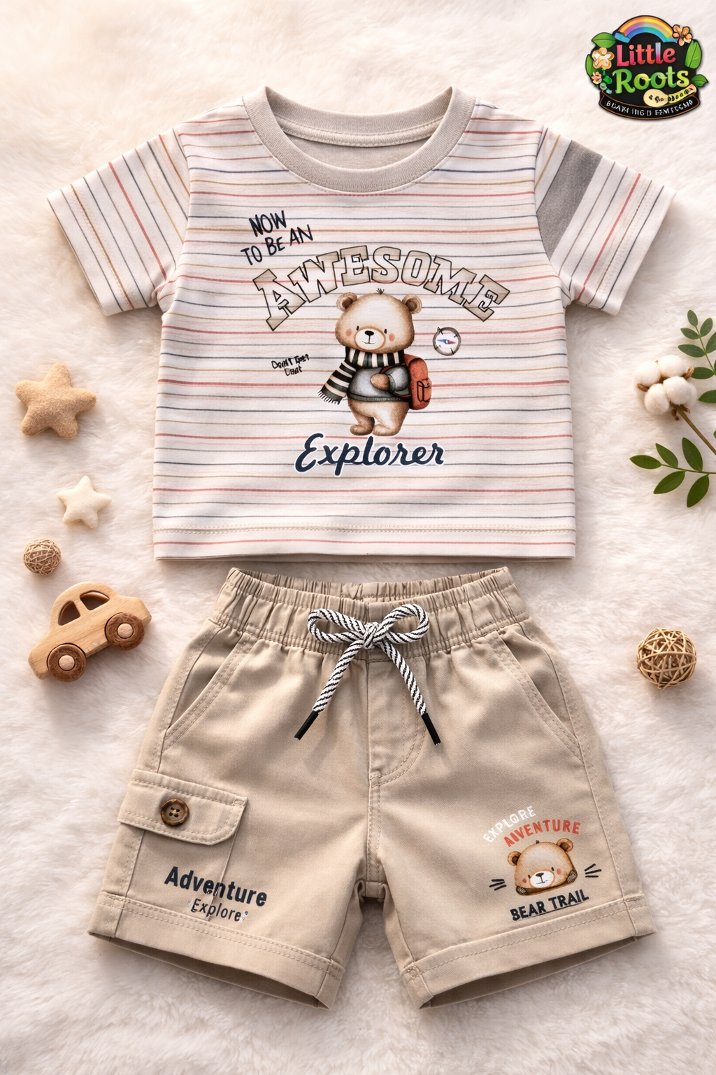 Baby Boy Explorer Bear 2-Piece Summer Set – Striped T-Shirt & Khaki Shorts