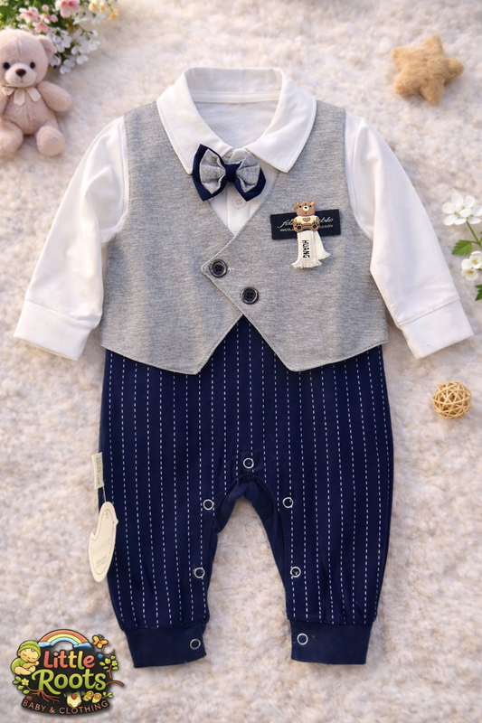 Baby Boy Formal Romper with Bow Tie & Vest – Gentlemen Style Outfit