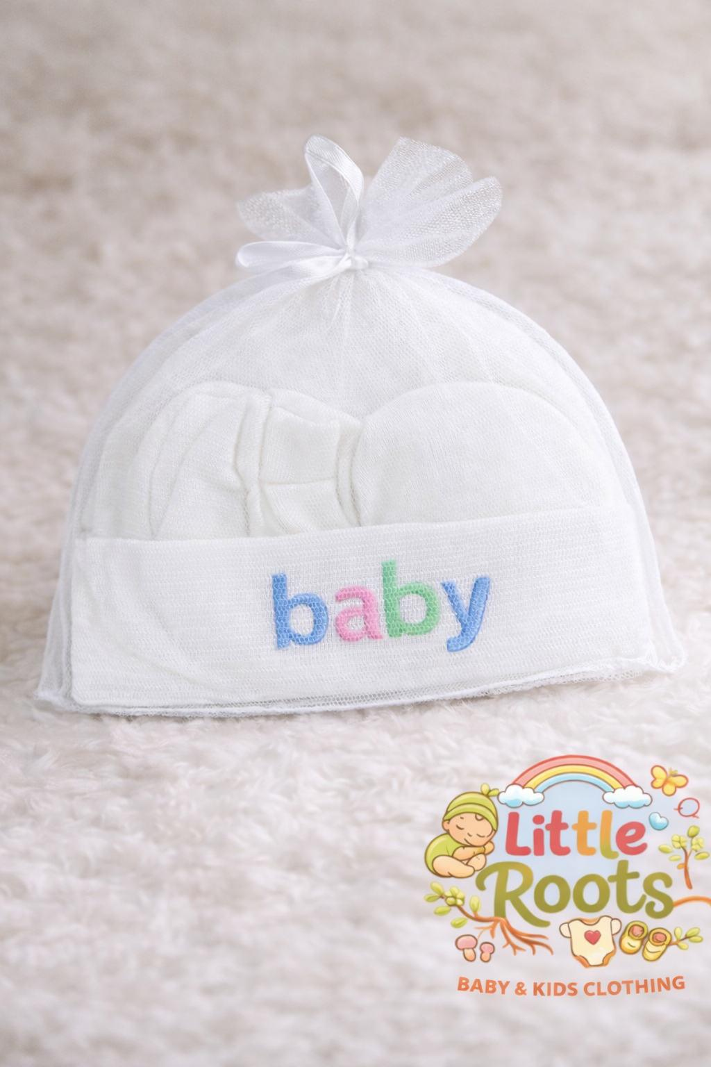 Newborn Baby Cap & Mittens Set – Soft Cotton Gift Pack (Baby Print)