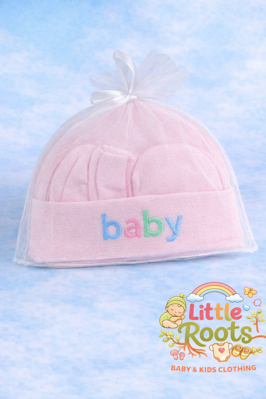 Newborn Baby Cap & Mittens Set – Soft Cotton Gift Pack (Baby Print)