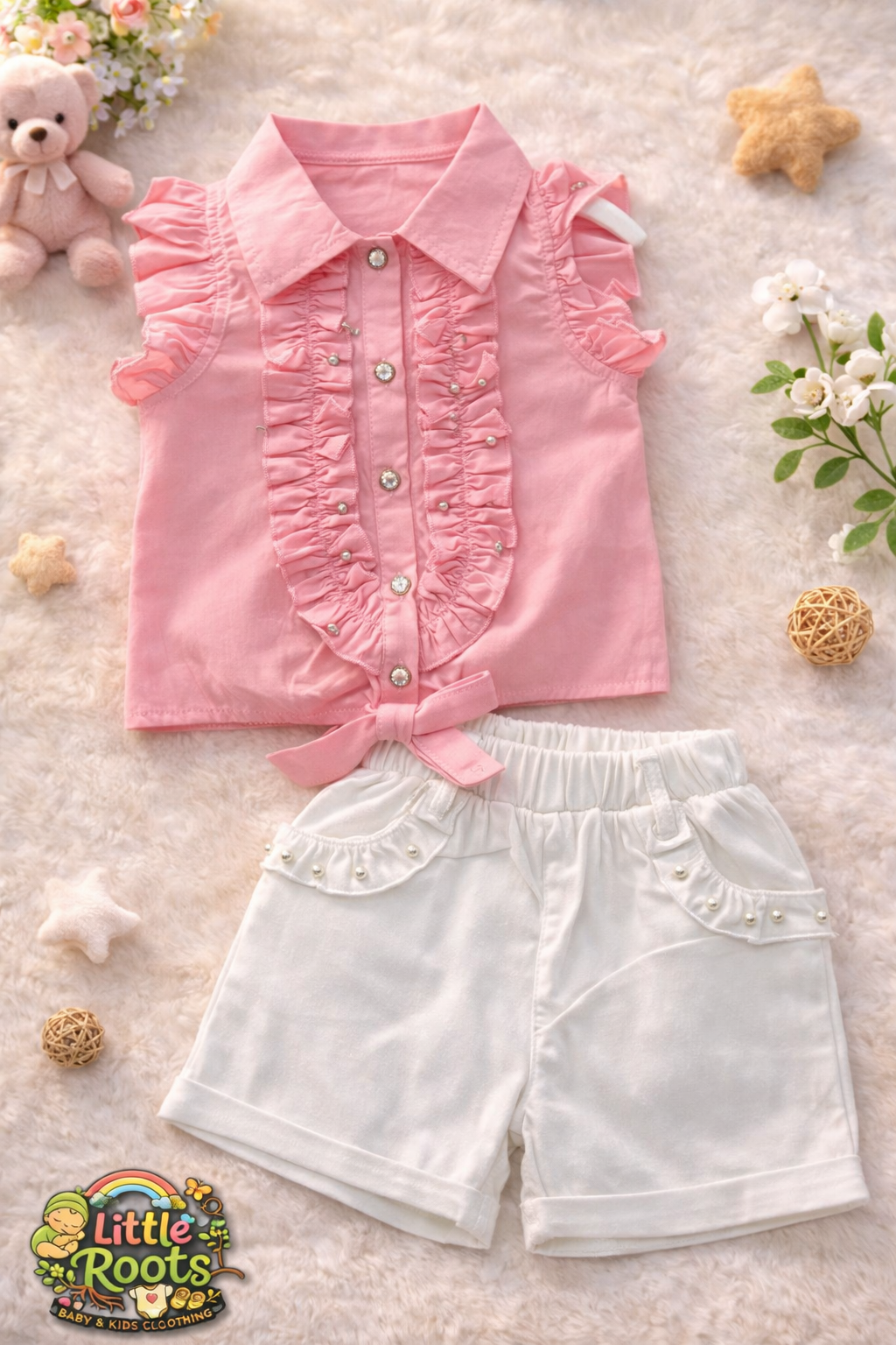 Imported Baby Girl Fancy Pink Ruffle Shirt & White Shorts 2 Piece Set
