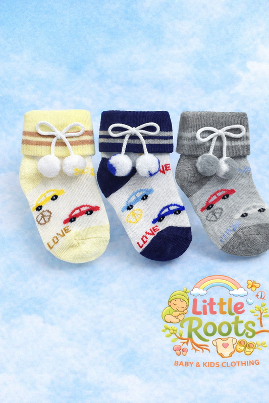 3 Pcs Baby Socks Set – Soft Cotton Car Print Newborn Socks