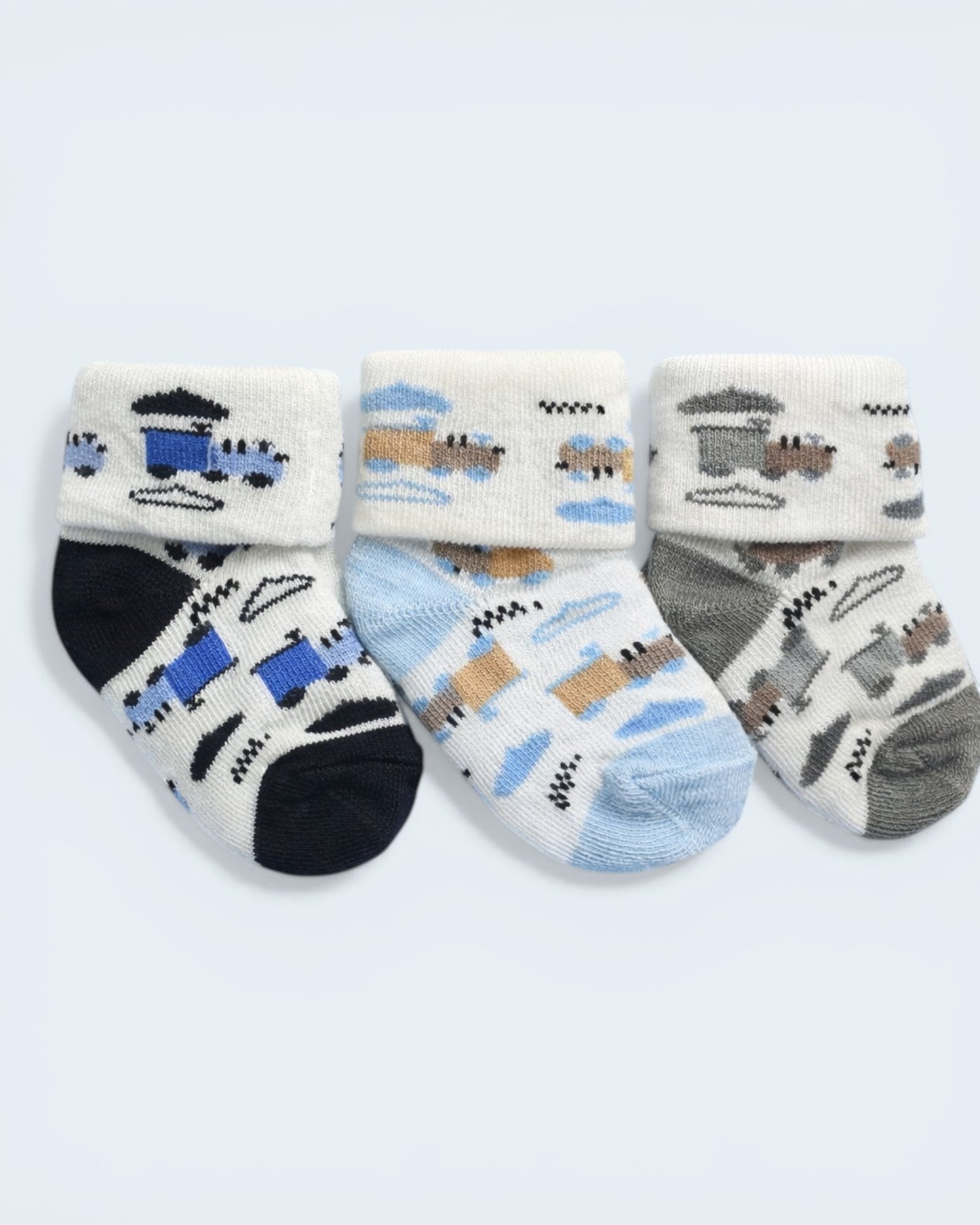 3 Pcs Baby Socks Set – Soft Cotton Transport Print Newborn Socks