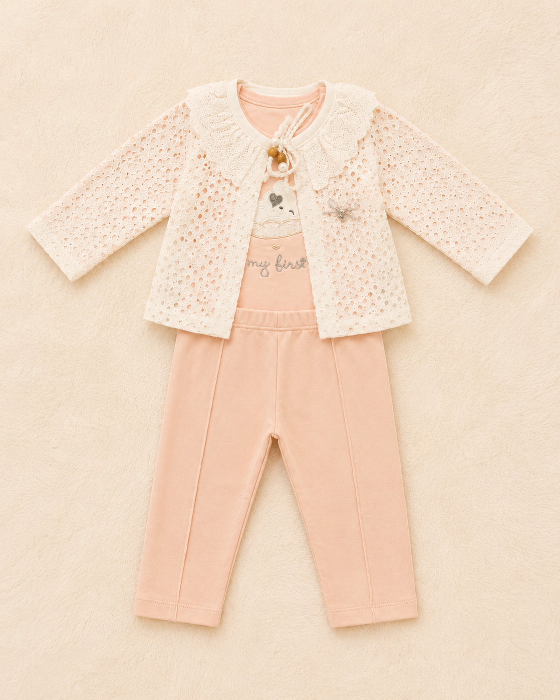 Baby Girl 3-Piece Lace Cardigan, Bodysuit & Trouser Set – Blush Pink | 0-3 Months | LittleRoots Pakistan
