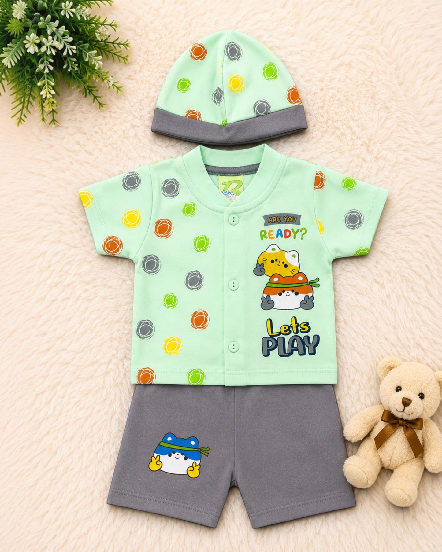 Newborn Baby Boy 3-Piece Cotton Summer Outfit Set with Cap – Ready to Play Edition (0-3 Months)