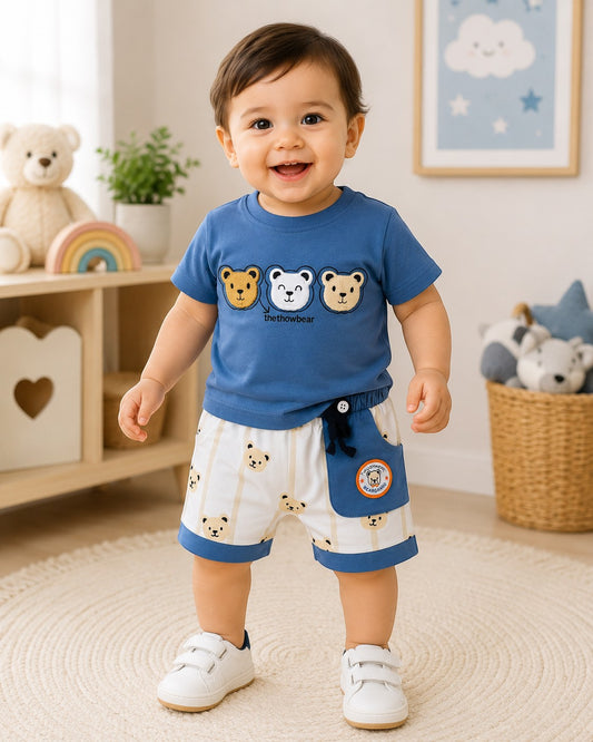 Baby Boy Three Bear 2 Piece Summer Set – Cotton T-Shirt & Bear Print Shorts