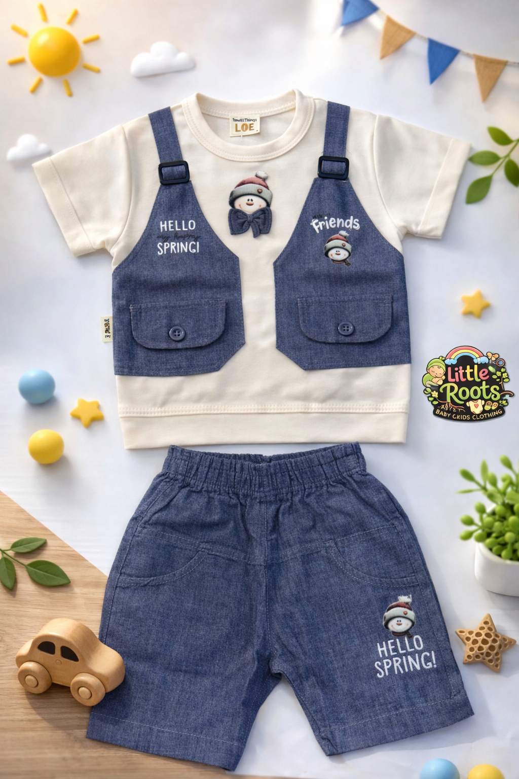 Baby Boy “Hello Spring” 2-Piece Summer Outfit – T-Shirt with Vest Design & Shorts Set (Brown/Grey/Blue)
