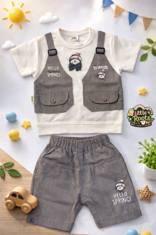 Baby Boy “Hello Spring” 2-Piece Summer Outfit – T-Shirt with Vest Design & Shorts Set (Brown/Grey/Blue)