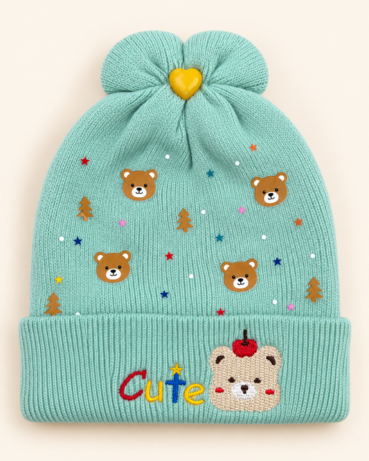 Imported Warm Baby Winter Cap – Cute Bear & Star Knit Beanie | 0–6 Months