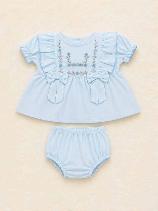 Elegant Floral Embroidered Baby Girl Dress Set with Bloomers | 0-12 Months