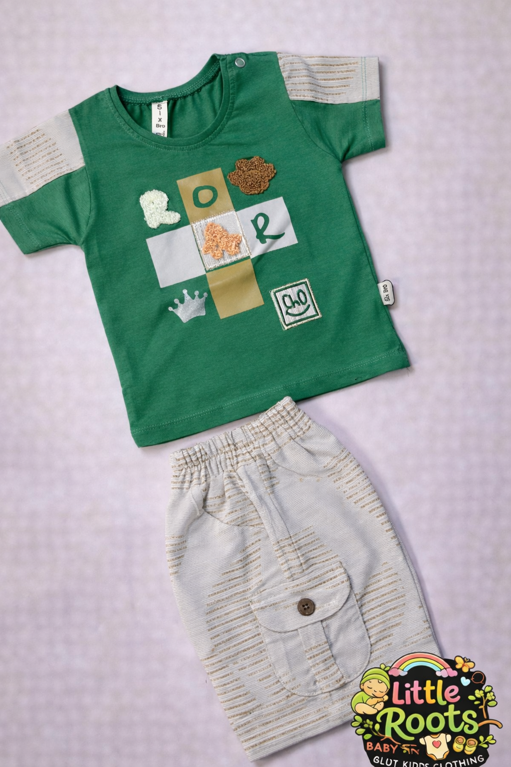 Baby Boy 2-Piece Summer Shirt & Shorts Set – Cotton Graphic T-Shirt with Cargo Shorts (Green, Yellow & Orange)