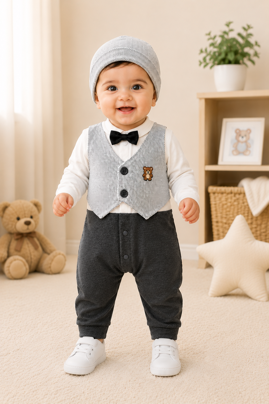 Newborn Baby Boy Formal Romper with Matching Beanie Cap – Super Soft Cotton