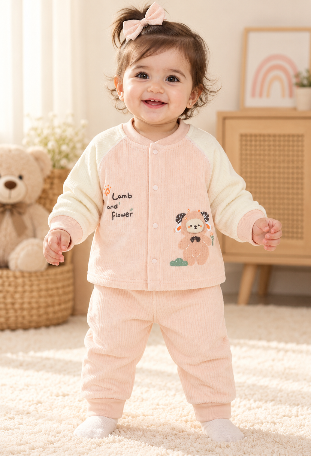 Imported Warm Velvet Baby Trouser & Shirt Set with Towel Fabric Inside – Lamb & Flower