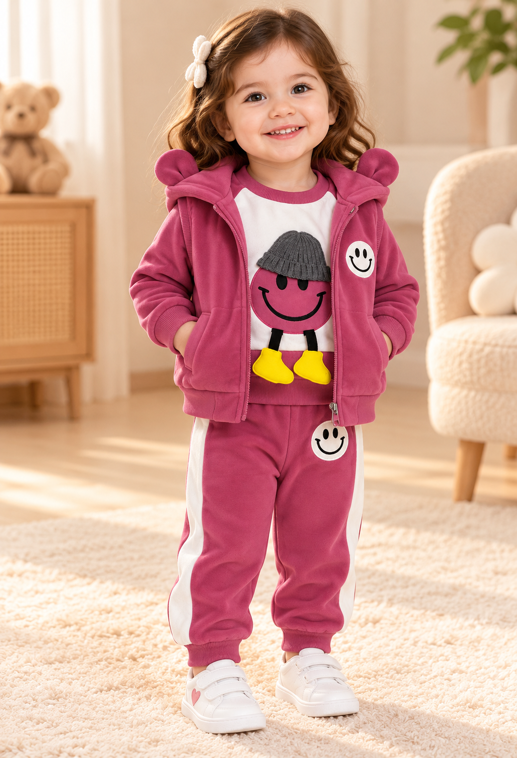 Girls' Plush 3-Piece Winter Suit with Hooded Vest – Smiley Design | Littleroots Pakistan