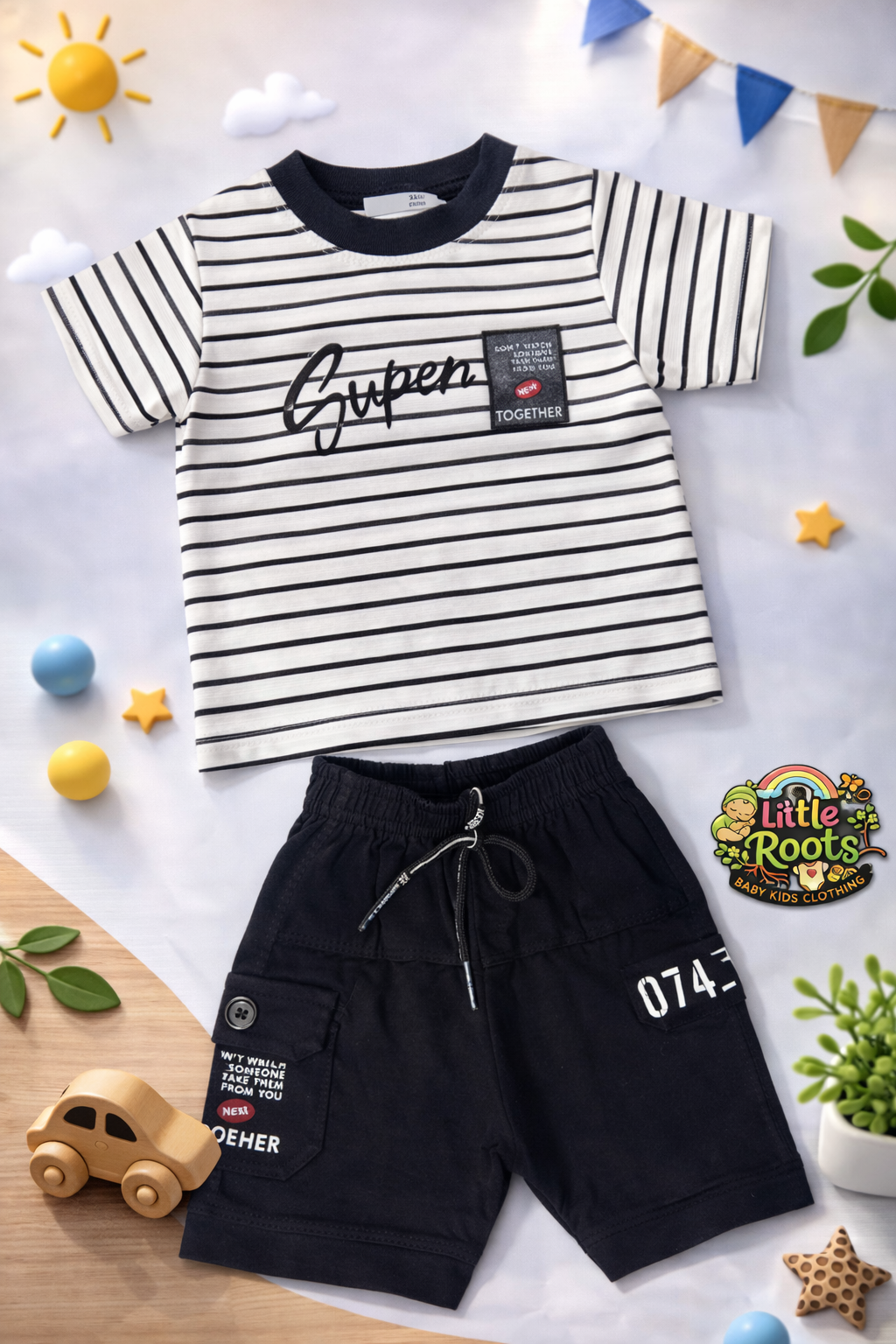 Baby Boy “Super” Striped T-Shirt with Shorts 2-Piece Summer Set
