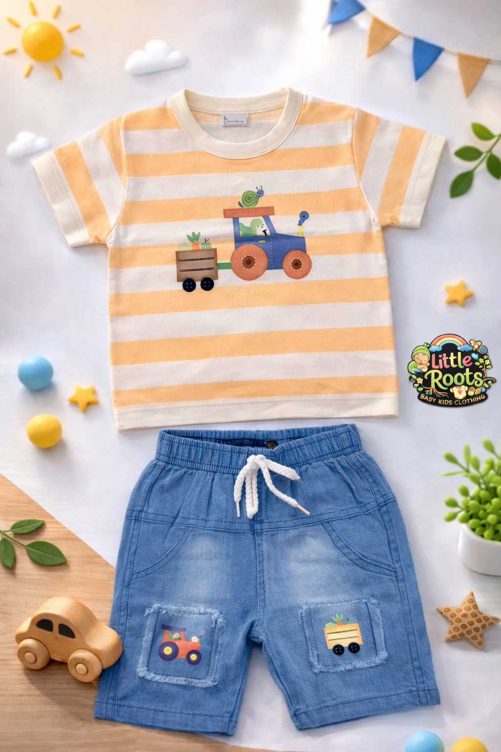 Baby Boy Tractor Print T-Shirt & Denim Shorts Set – Summer Outfit (2 Piece)