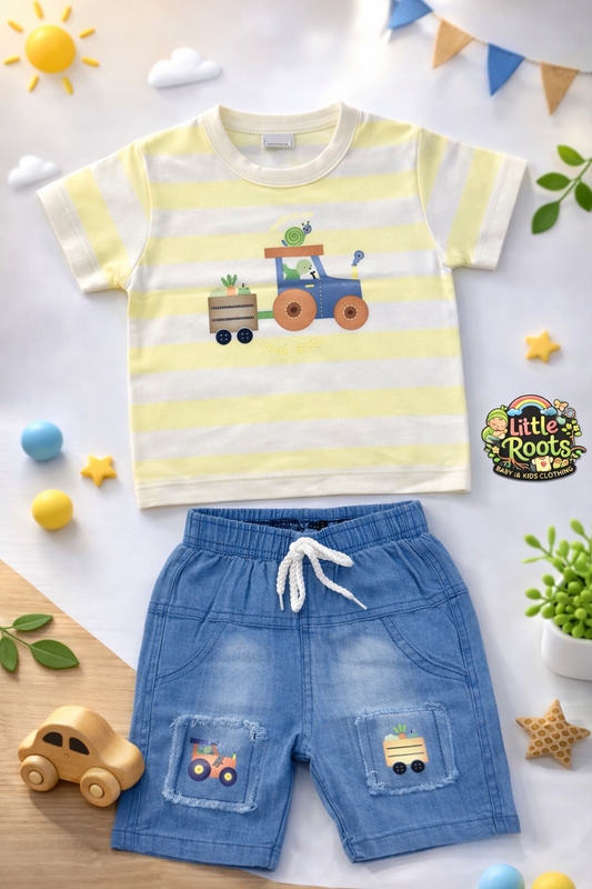 Baby Boy Tractor Print T-Shirt & Denim Shorts Set – Summer Outfit (2 Piece)