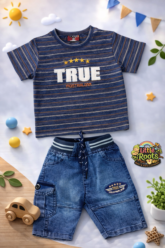 Baby Boy TRUE Striped T-Shirt & Denim Shorts 2-Piece Summer Set