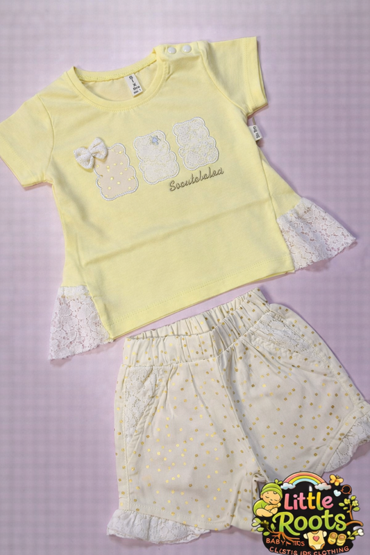 Baby Girl Lace T-Shirt & Gold Dot Shorts Set – 2 Piece Summer Outfit (Pink, Yellow & Sky Blue)