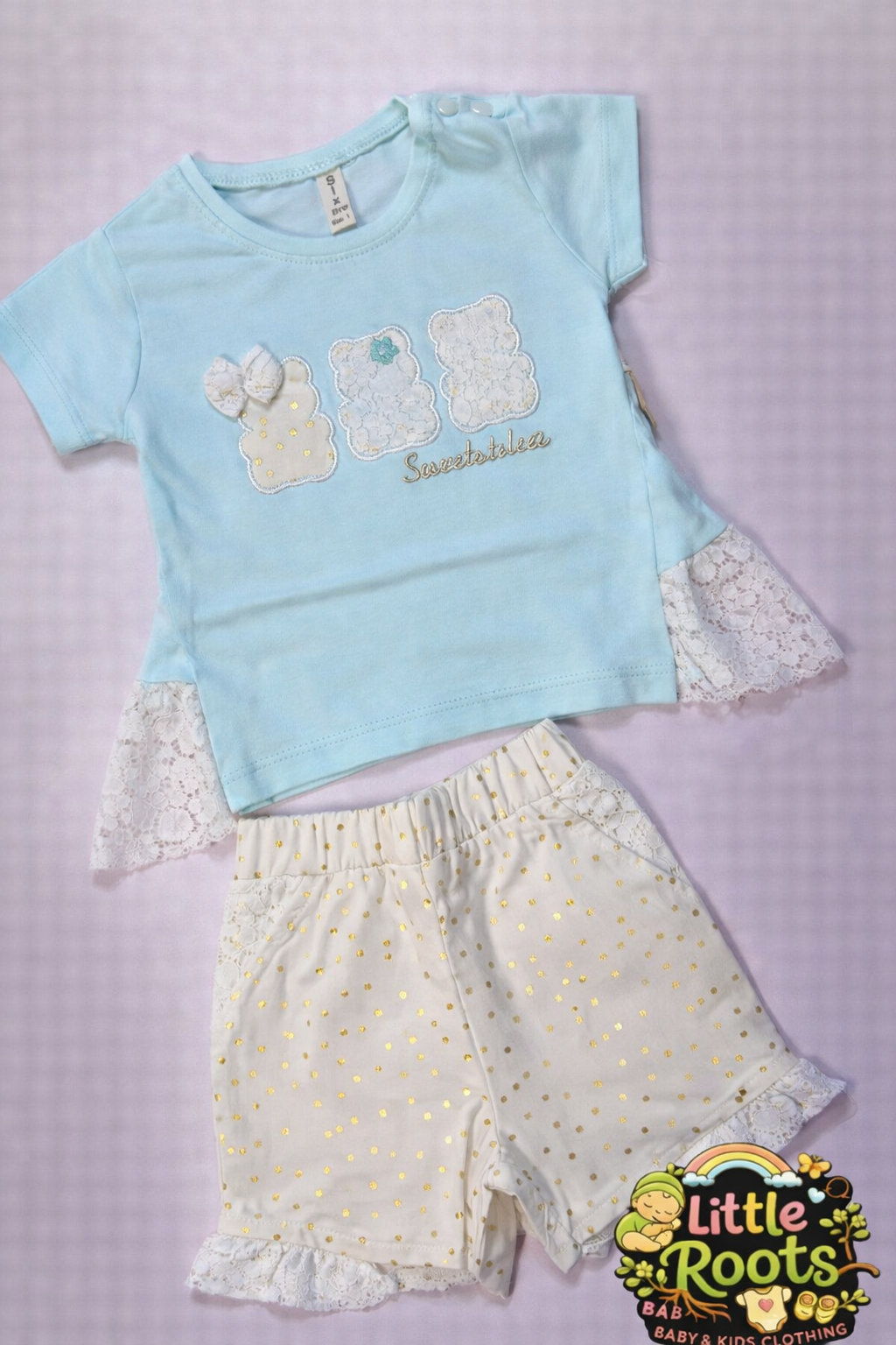 Baby Girl Lace T-Shirt & Gold Dot Shorts Set – 2 Piece Summer Outfit (Pink, Yellow & Sky Blue)