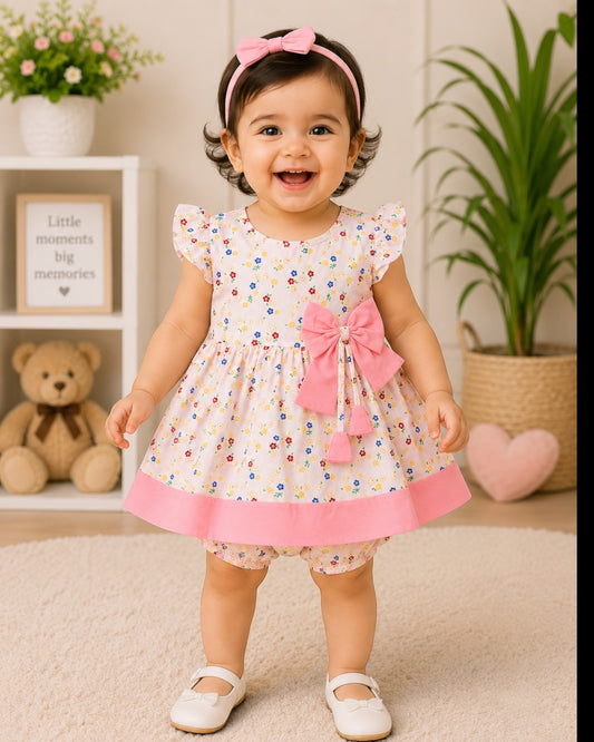 Sweet Blossom Baby Girl Frock Set with Bow & Bloomer – Floral Pink Dress