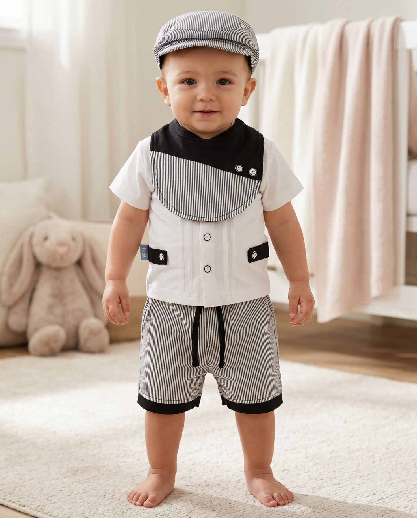 Baby Boy Formal 4-Piece Outfit Set with Bow Tie & Cap (0–3 Months) | Little Roots Pakistan