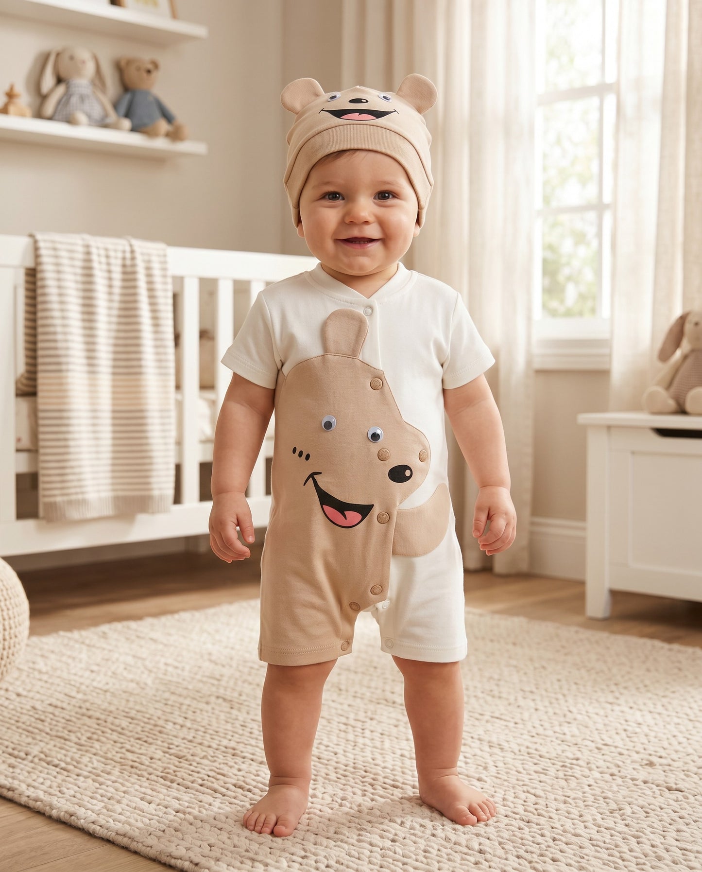 Little Roots baby boy cream cotton romper with a large beige bear face applique and matching cap with bear ears.