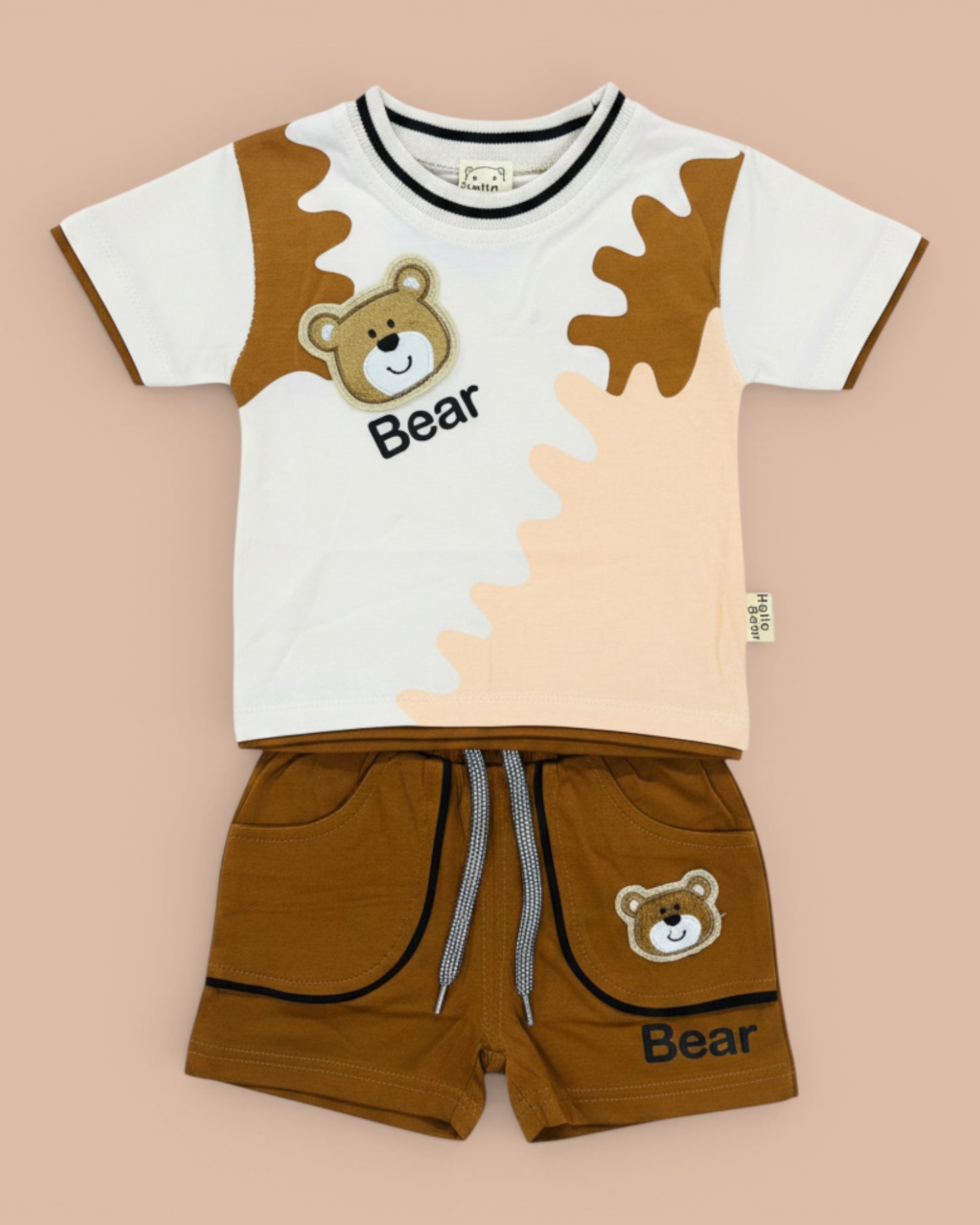Little Roots Pakistan baby boy 2-piece outfit set with white t-shirt featuring bear print and brown shorts. Cotton blend.