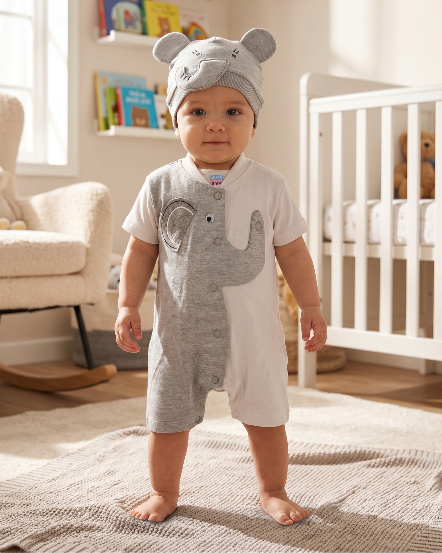 Little Roots baby boy grey and white elephant romper with hat, soft cotton, snap buttons, 0-3 months.