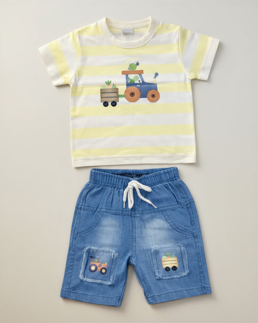 Little Roots Pakistan baby boy set: yellow and white striped T-shirt with tractor print, blue denim shorts with tractor patches. Cotton blend.