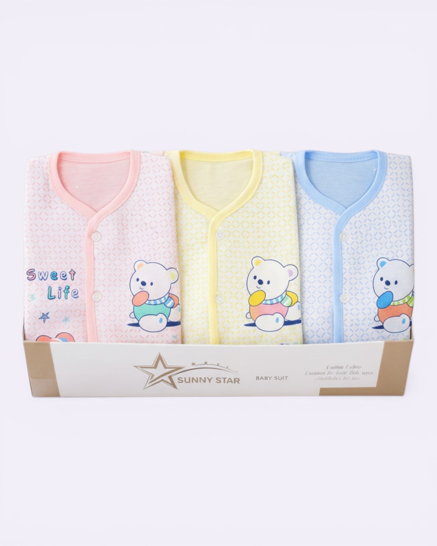 Little Roots pack of 3 newborn baby bodysuits in pink, yellow, and blue. Soft cotton with teddy bear prints and front button closure.