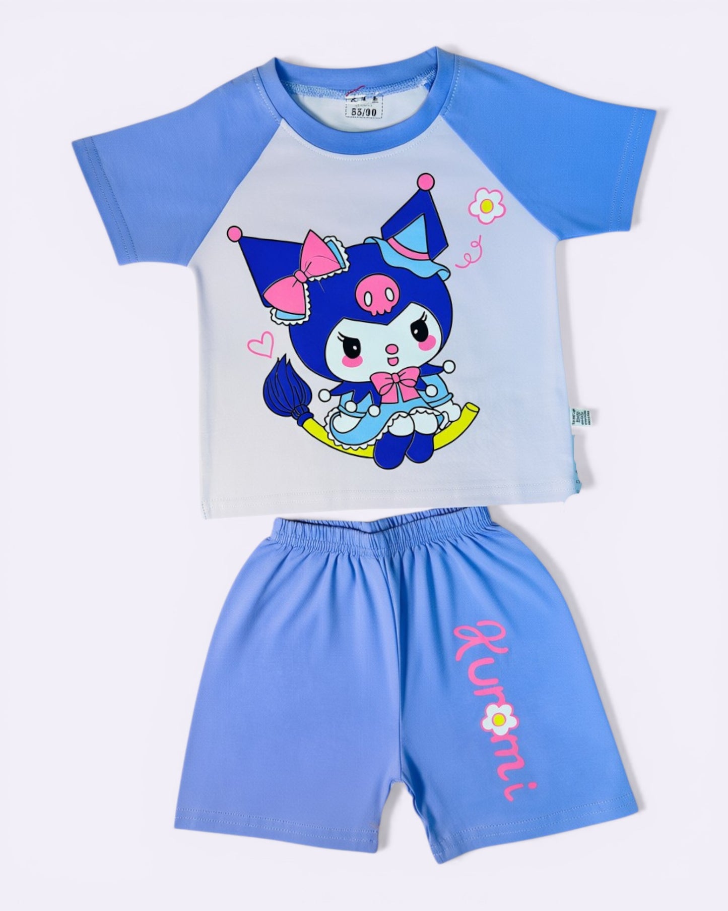 Little Roots baby girl purple cartoon print top and shorts set, 6-18 months. Cotton blend.