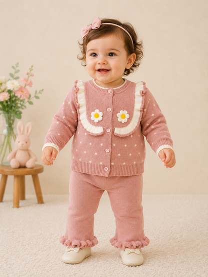 Tea Pink Woollen Baby Girl 2-Piece Set – Floral Ruffle