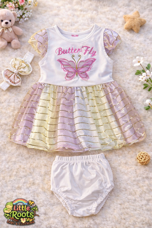 Baby Girl Butterfly Fancy Frock with Shorts – 2 Piece Party Dress