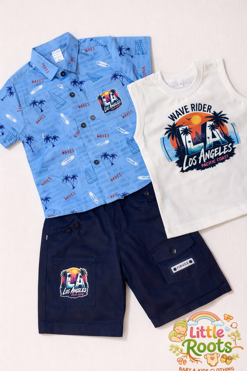 Baby Boy Wave Rider 3 Piece Summer Set – Beach Style Shirt, Tank & Shorts