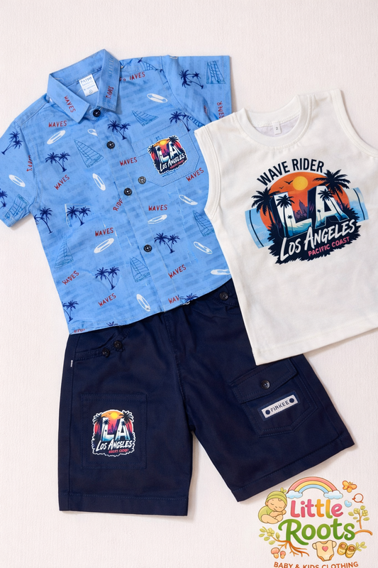 Baby Boy Wave Rider 3 Piece Summer Set – Beach Style Shirt, Tank & Shorts