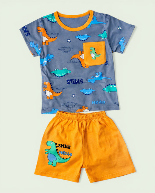 Baby Boy Dinosaur Print Top & Shorts Set – Grey & Yellow