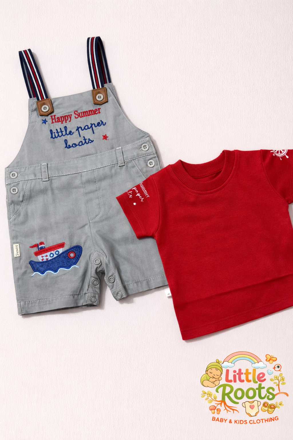 Baby Boy Happy Summer Romper Set – 2 Pcs Dungaree & T-Shirt Outfit