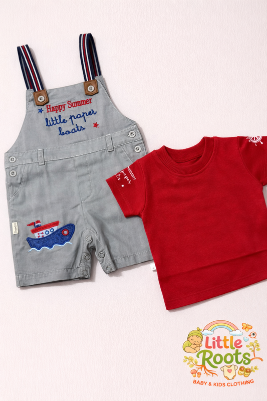 Baby Boy Happy Summer Romper Set – 2 Pcs Dungaree & T-Shirt Outfit