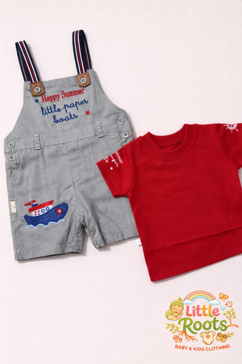 Baby Boy Happy Summer Romper Set – 2 Pcs Dungaree & T-Shirt Outfit
