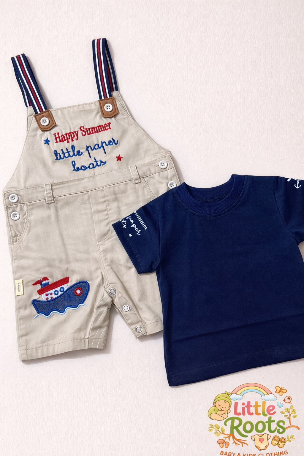 Baby Boy Happy Summer Romper Set – 2 Pcs Dungaree & T-Shirt Outfit