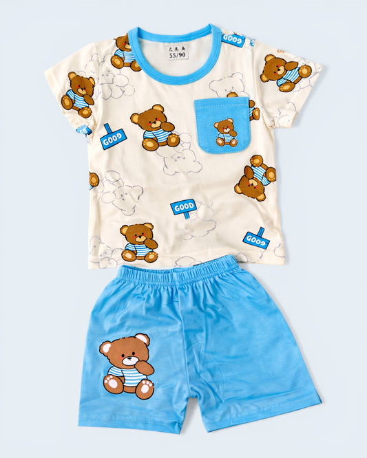 Baby Boy Teddy Bear Print Top & Shorts Set – Sky Blue