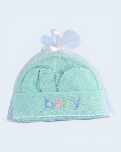 Newborn Baby Cap & Mittens Set – Soft Cotton Gift Pack (Baby Print)