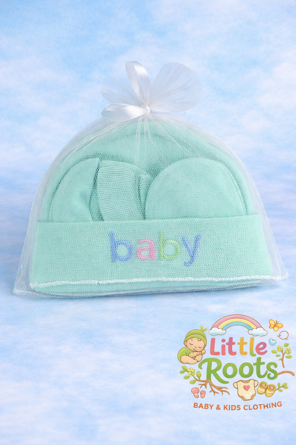 Newborn Baby Cap & Mittens Set – Soft Cotton Gift Pack (Baby Print)