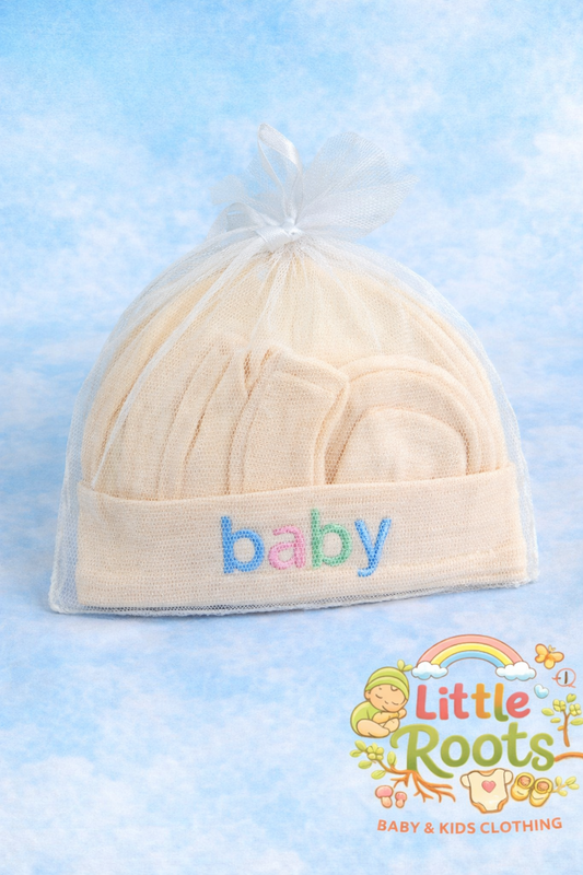 Newborn Baby Cap & Mittens Set – Soft Cotton Gift Pack (Baby Print)