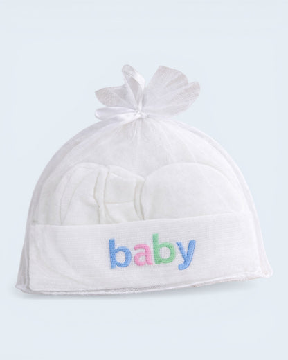 Newborn Baby Cap & Mittens Set – Soft Cotton Gift Pack (Baby Print)