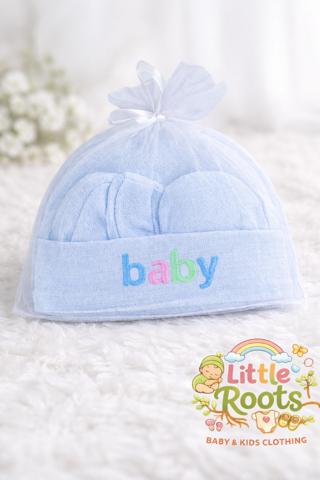 Newborn Baby Cap & Mittens Set – Soft Cotton Gift Pack (Baby Print)