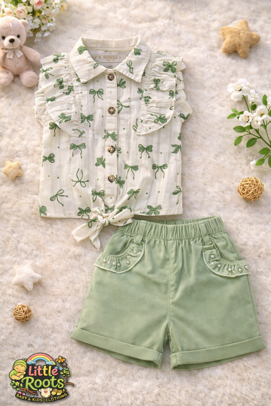 Imported Baby Girl Green Bow Fancy Shirt & Sage Shorts 2 Piece Set