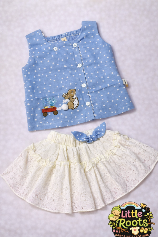 Baby Girl Sleeveless Polka Dot Top & Lace Skirt Set – 2 Piece Summer Outfit (Blue, Green & Pink)