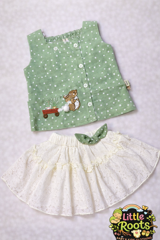 Baby Girl Sleeveless Polka Dot Top & Lace Skirt Set – 2 Piece Summer Outfit (Blue, Green & Pink)